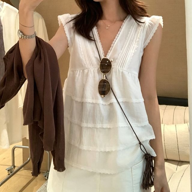 Lace Trim Tiered Blouse - Cap Sleeve V-Neck