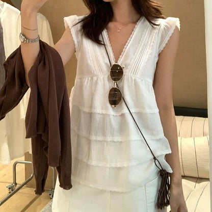 Lace Trim Tiered Blouse - Cap Sleeve V-Neck