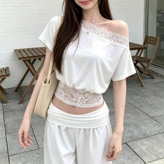 Off-Shoulder Lace Panel Crop Tee - Short Sleeve