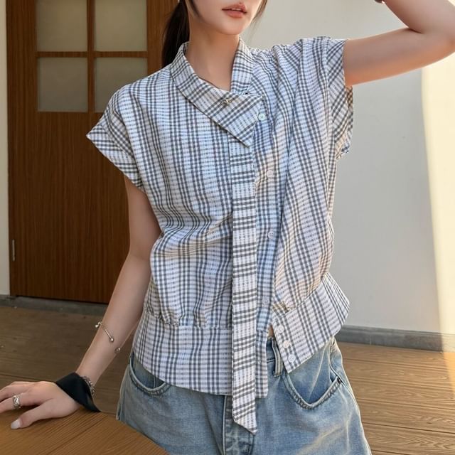 Asymmetric Plaid Button-Up Blouse - Collared