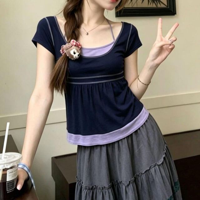 Halter Neck Two-Tone Tee & Lace Panel Skirt Set