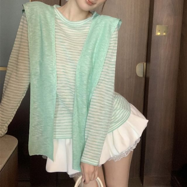 Striped Sheer Tee & Shawl Set - Crew Neck