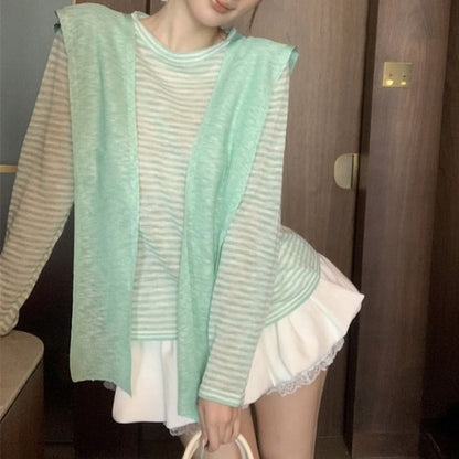 Striped Sheer Tee & Shawl Set - Crew Neck