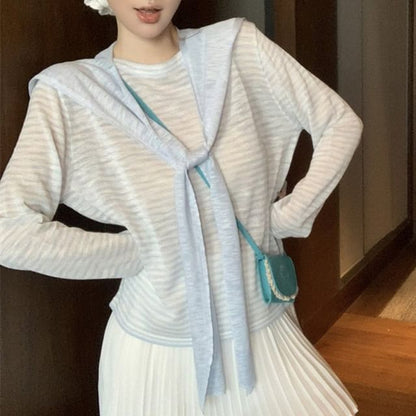 Striped Sheer Tee & Shawl Set - Crew Neck