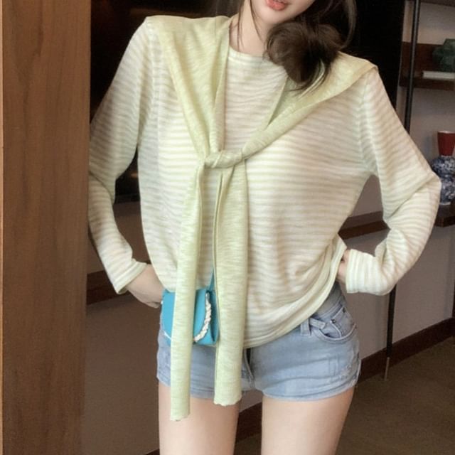 Striped Sheer Tee & Shawl Set - Crew Neck