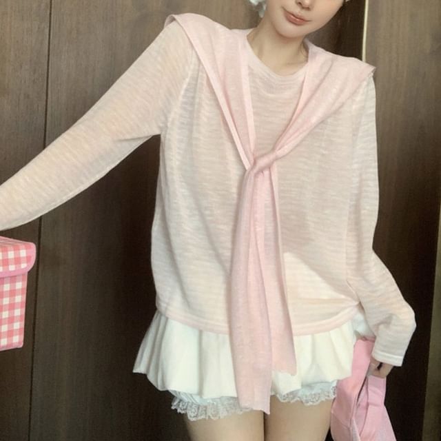 Striped Sheer Tee & Shawl Set - Crew Neck