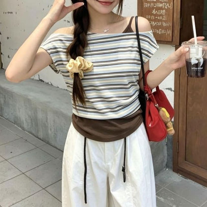 Cold Shoulder Striped Crop Tee - Mock Two Piece
