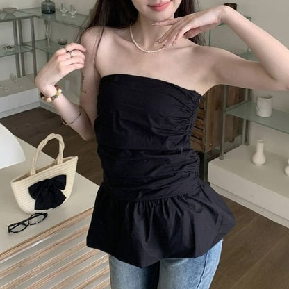 Ruched Peplum Tube Top - Plain