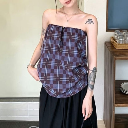 Drawstring Plaid Tube Top
