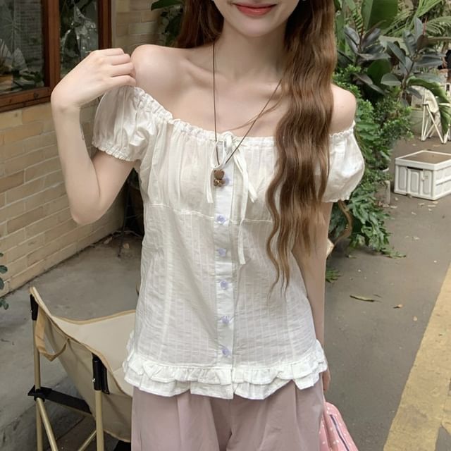 Frill Trim Button-Up Blouse - Puff Sleeve
