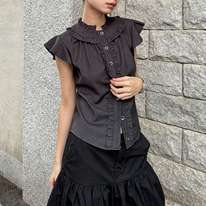 Cap-Sleeved Frill Trim Crop Button-Up Shirt