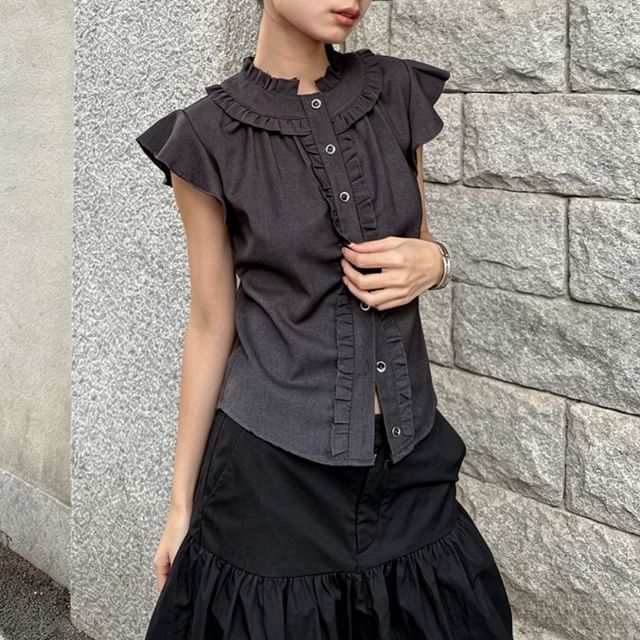Cap-Sleeved Frill Trim Crop Button-Up Shirt