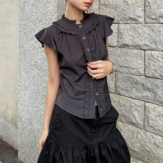 Cap-Sleeved Frill Trim Crop Button-Up Shirt