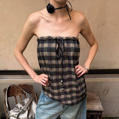 Strapless Frill Trim Plaid Top