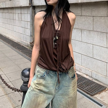 V-Neck Sleeveless Open Back Plain Top