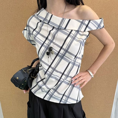 Off-Shoulder Asymmetric Ruffle Plaid Crop Top
