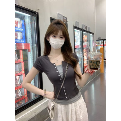 Mock Two Piece Round Neck Tee - Short Sleeve