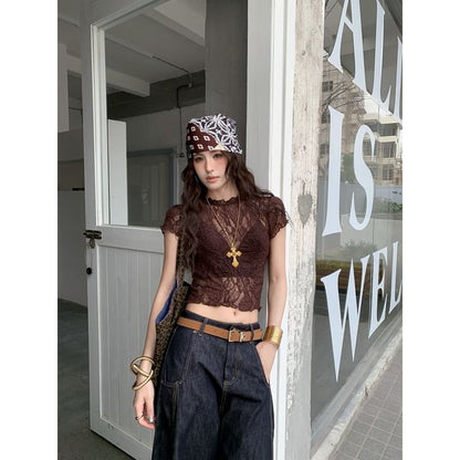 Lace Crop Top - Round Neck Short Sleeve