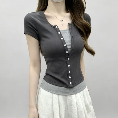 Mock Two Piece Round Neck Tee - Short Sleeve