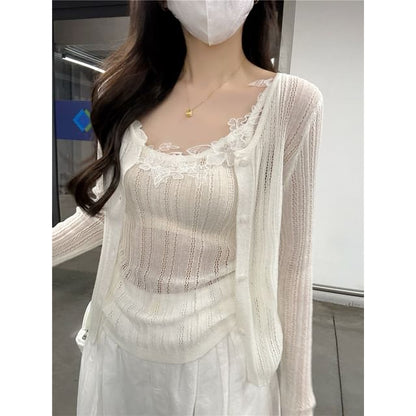 Lace Trim Camisole & Ribbed Cardigan Set
