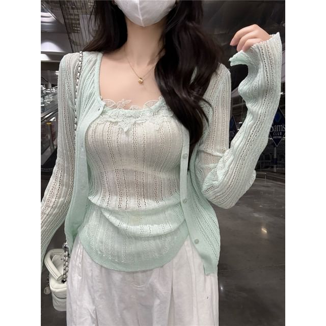Lace Trim Camisole & Ribbed Cardigan Set