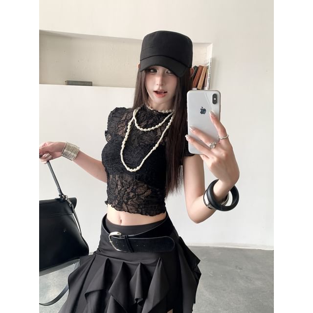 Lace Crop Top - Round Neck Short Sleeve