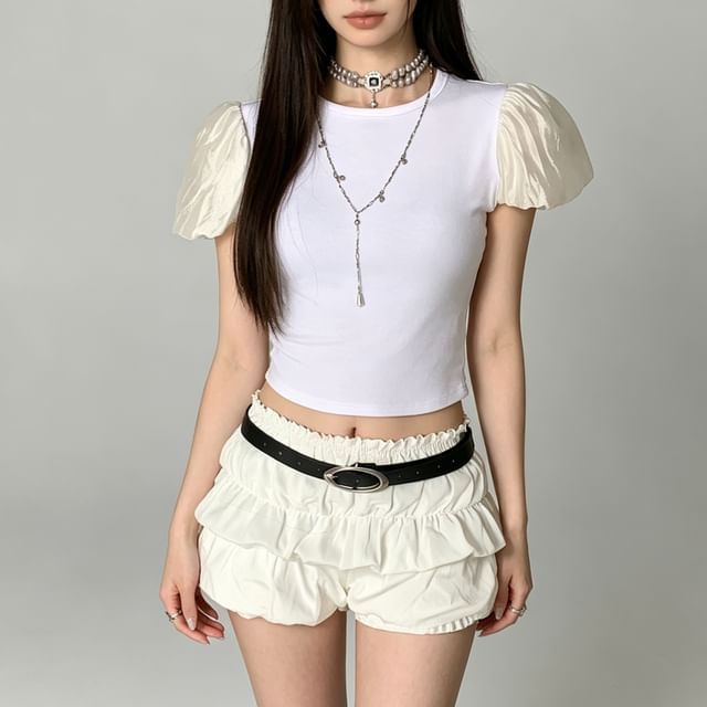 Puff Sleeve Round Neck Crop Tee - Plain