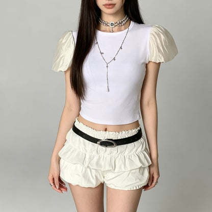 Puff Sleeve Round Neck Crop Tee - Plain