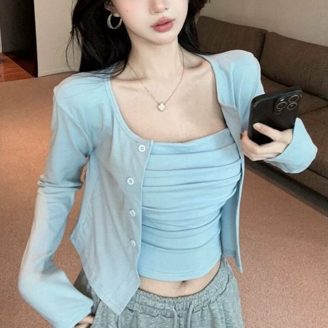 Shirred Crop Camisole & Button-Up Cardigan Set