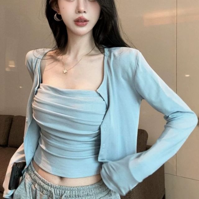 Shirred Crop Camisole & Button-Up Cardigan Set