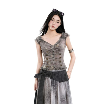 Cap-Sleeved V-Neck Printed Button-Up Crop Top