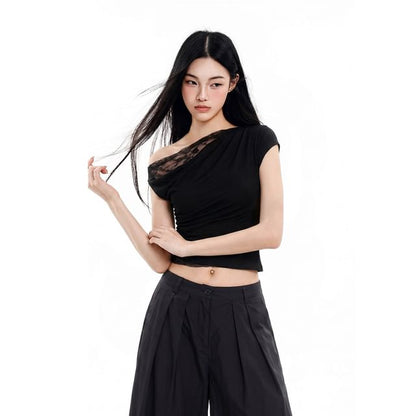 Off-Shoulder Short-Sleeved Plain Crop Top