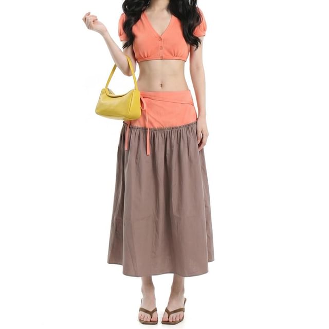 V-Neck Button-Up Crop Top & Two Tone Maxi A-Line Skirt