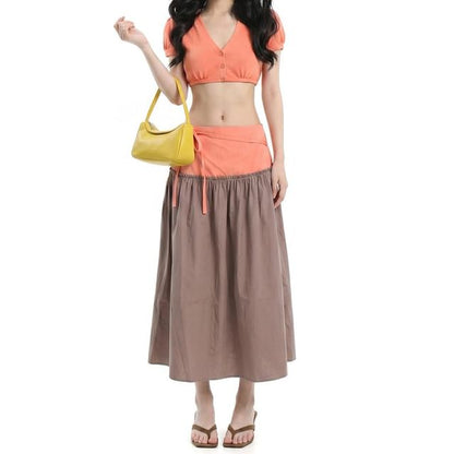 V-Neck Button-Up Crop Top & Two Tone Maxi A-Line Skirt