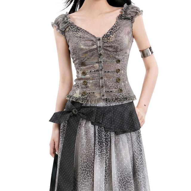 Cap-Sleeved V-Neck Printed Button-Up Crop Top