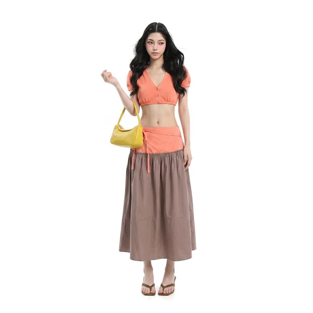 V-Neck Button-Up Crop Top & Two Tone Maxi A-Line Skirt