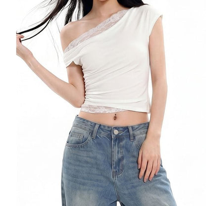 Off-Shoulder Short-Sleeved Plain Crop Top