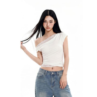 Off-Shoulder Short-Sleeved Plain Crop Top