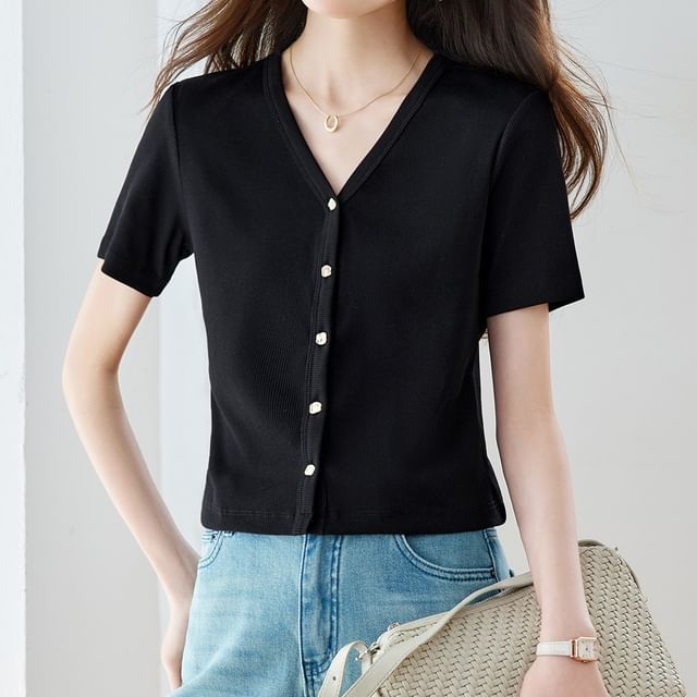 Short V-Neck Button-Up Plain T-Shirt