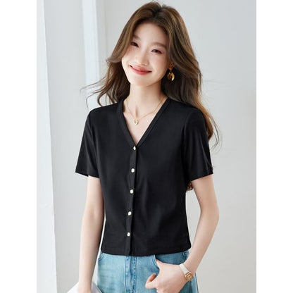 Short V-Neck Button-Up Plain T-Shirt
