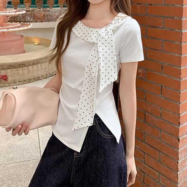 Polka Dot Tie-Neck Asymmetrical Slit T-Shirt