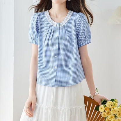 Puff-Sleeved Gingham Button-Up Blouse with Lace Trim