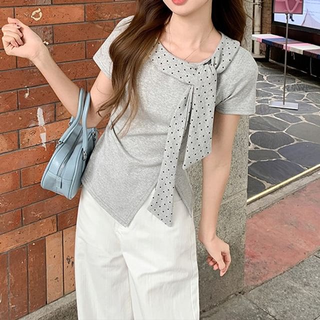 Polka Dot Tie-Neck Asymmetrical Slit T-Shirt