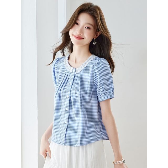 Puff-Sleeved Gingham Button-Up Blouse with Lace Trim