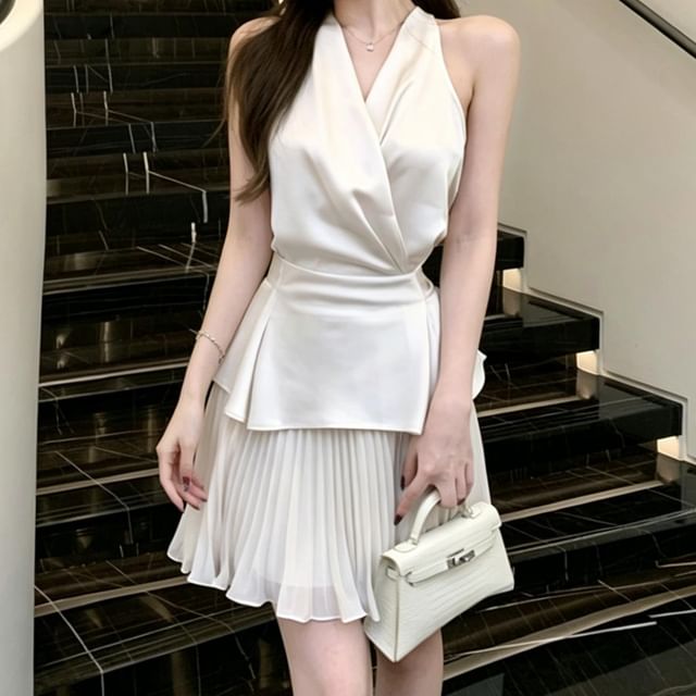 Halter Wrap Blouse & Pleated Mini Skirt Set