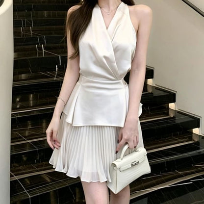 Halter Wrap Blouse & Pleated Mini Skirt Set