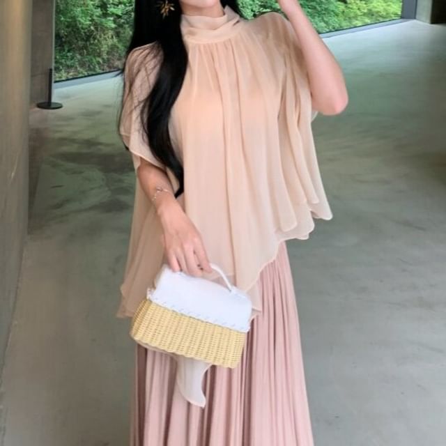Chiffon Blouse & Midi A-Line Skirt Set - Puff Sleeve