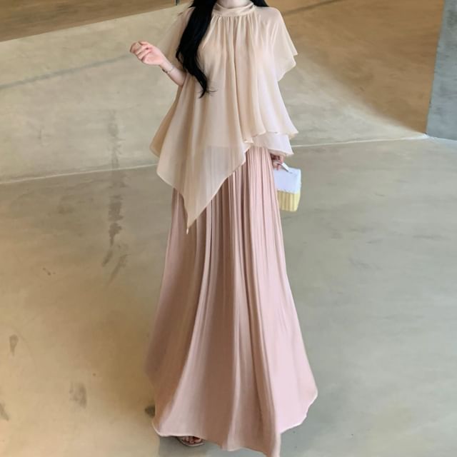 Chiffon Blouse & Midi A-Line Skirt Set - Puff Sleeve