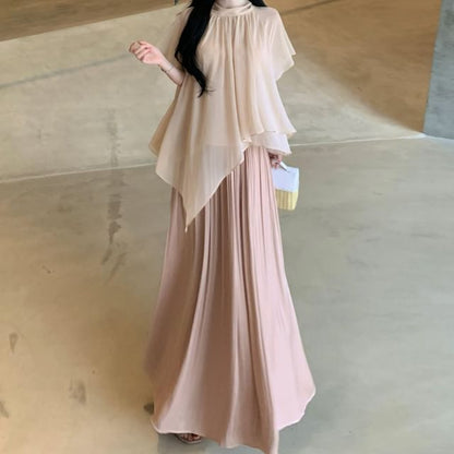 Chiffon Blouse & Midi A-Line Skirt Set - Puff Sleeve