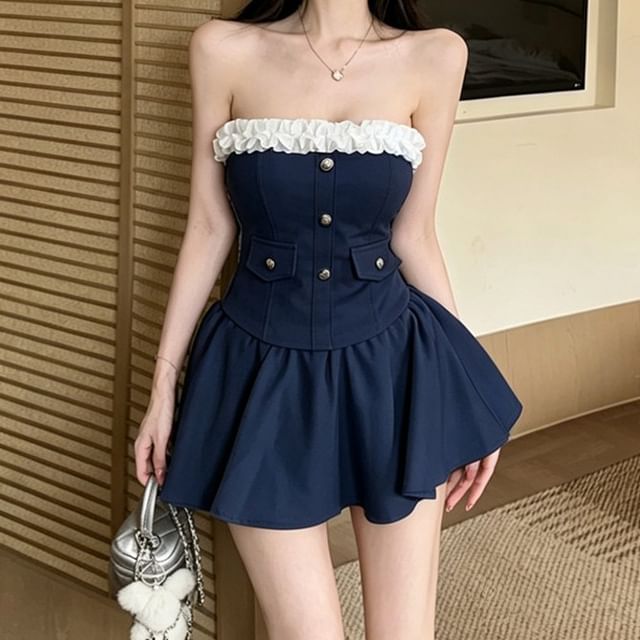 Ruffle Trim Tube Top & Mini A-Line Skirt Set